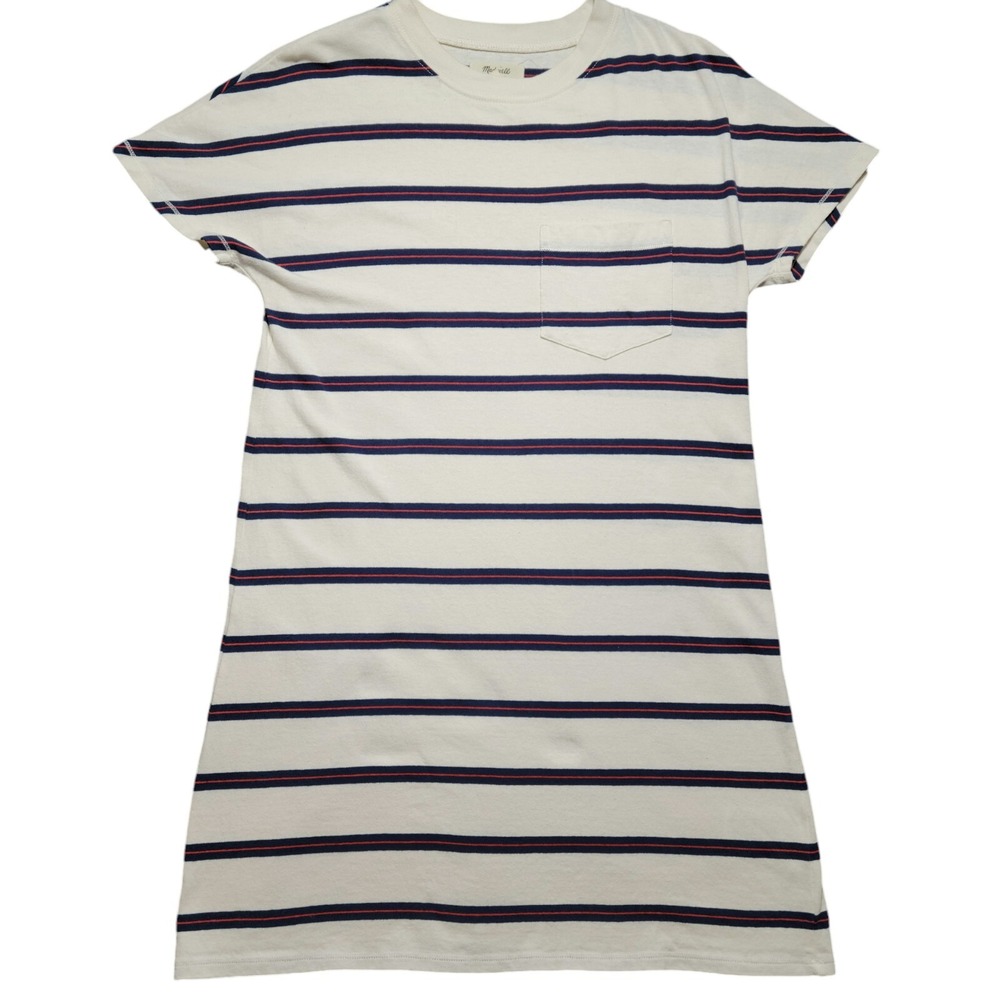 Madewell Shirt Dress Womens XS White Blue Red Striped Short Sleeve Pocket Cotton